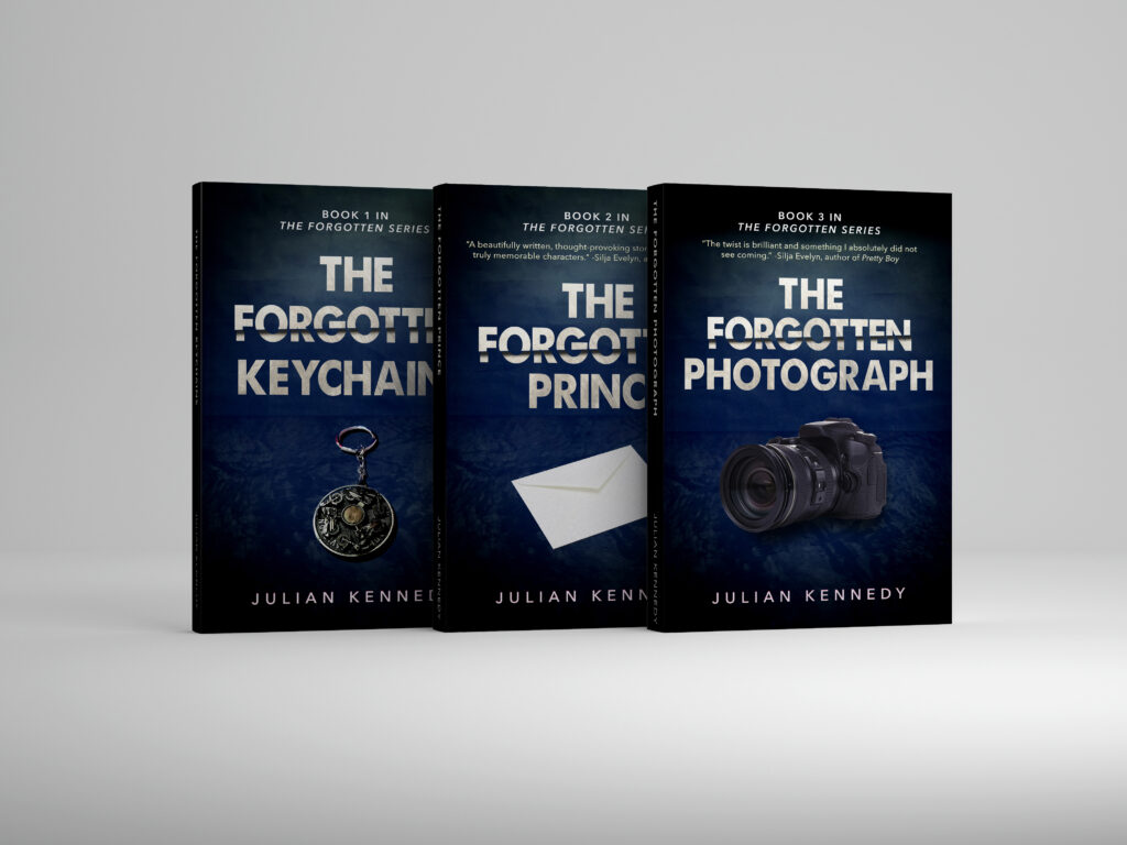 covers of the books in The Forgotten series by Julian Kennedy, 3 dark blue books, preorder The Forgotten Photograph